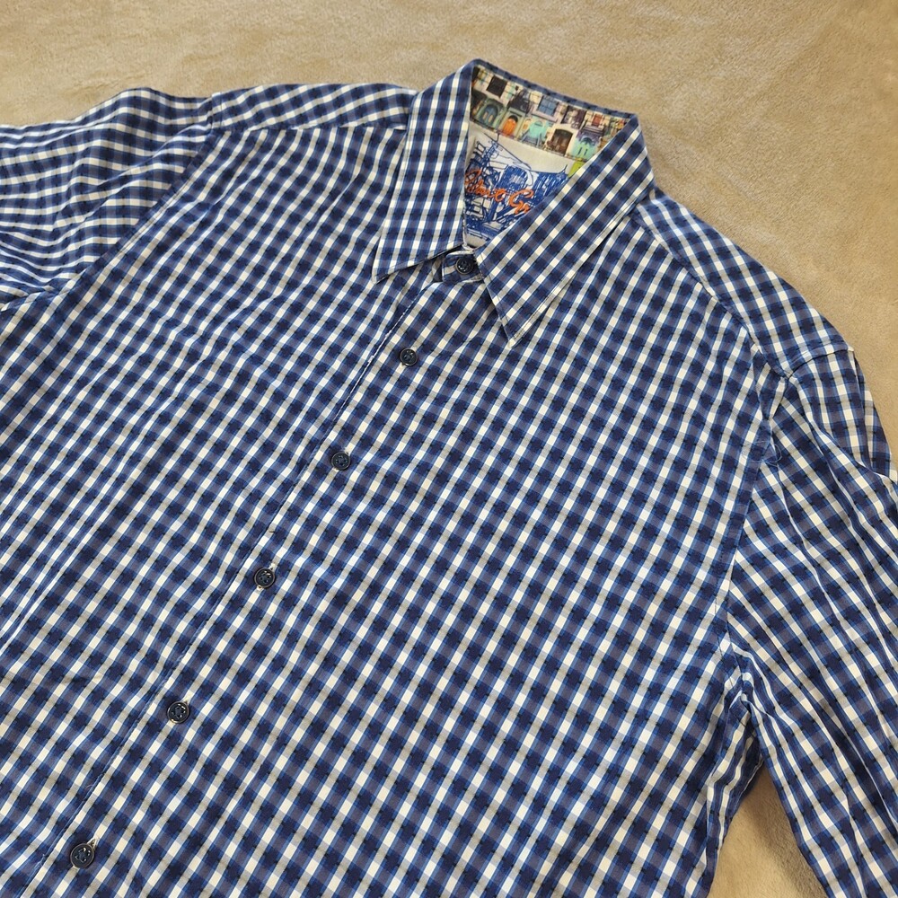 Robert Graham Shirt Mens Business XL Blue Plaid Tailored Contrast Trim Button